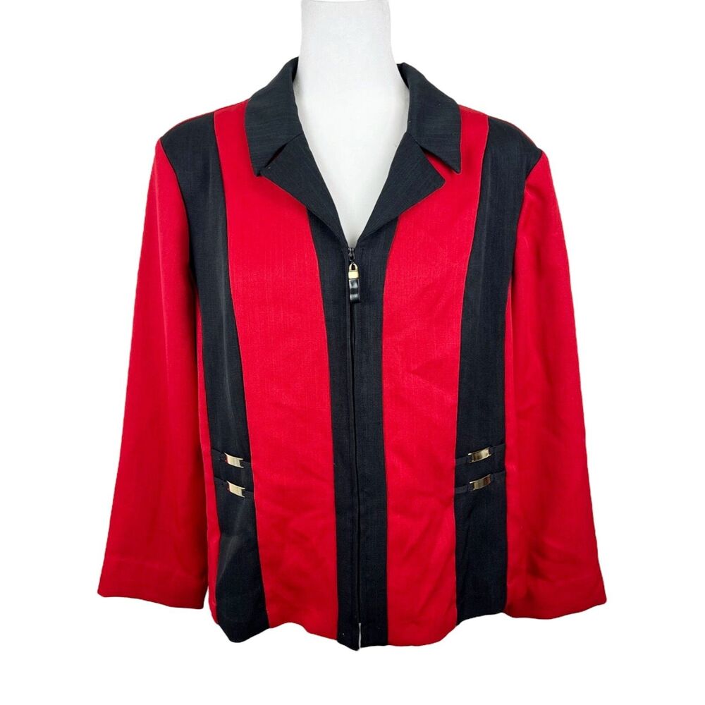 Vintage Kari New York Blazer Women 16 Plus Size Red Black Career Zip Up Jacket